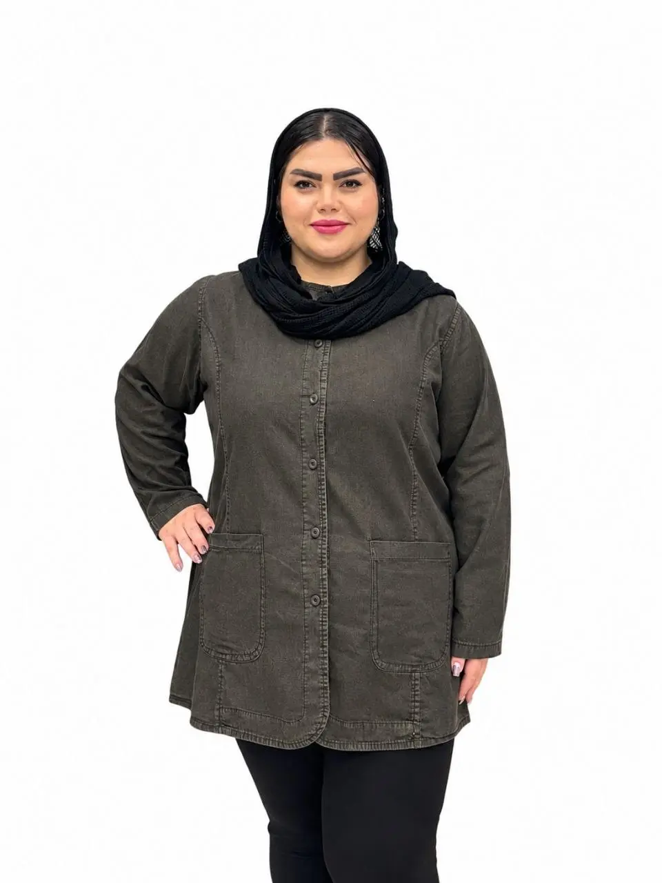 مانتو جین زنانه سایز بزرگ عصایی دو جیب